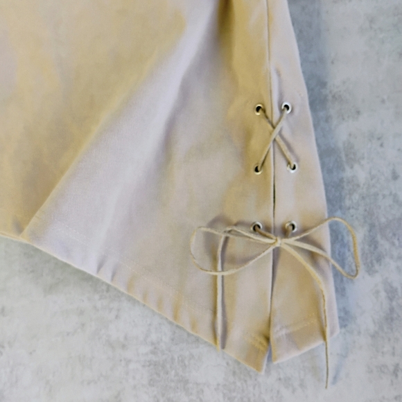 Divine Y2K Asymmetrical Hem Mini Skirt Beige Side Tie Boho Festival Size Medium - Picture 7 of 10